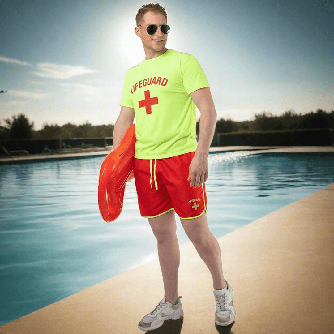 Mens Lifeguard Costume UV Glow Shorts T-Shirt beside a pool