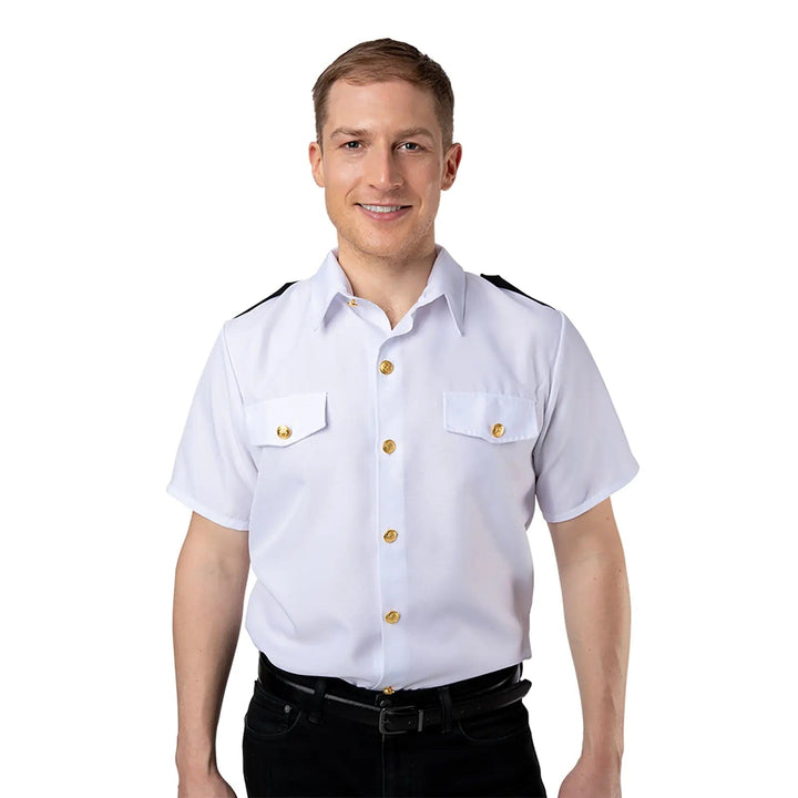 Man wearing a short sleeve white captain shirt with gold buttons and shoulder epaulettes