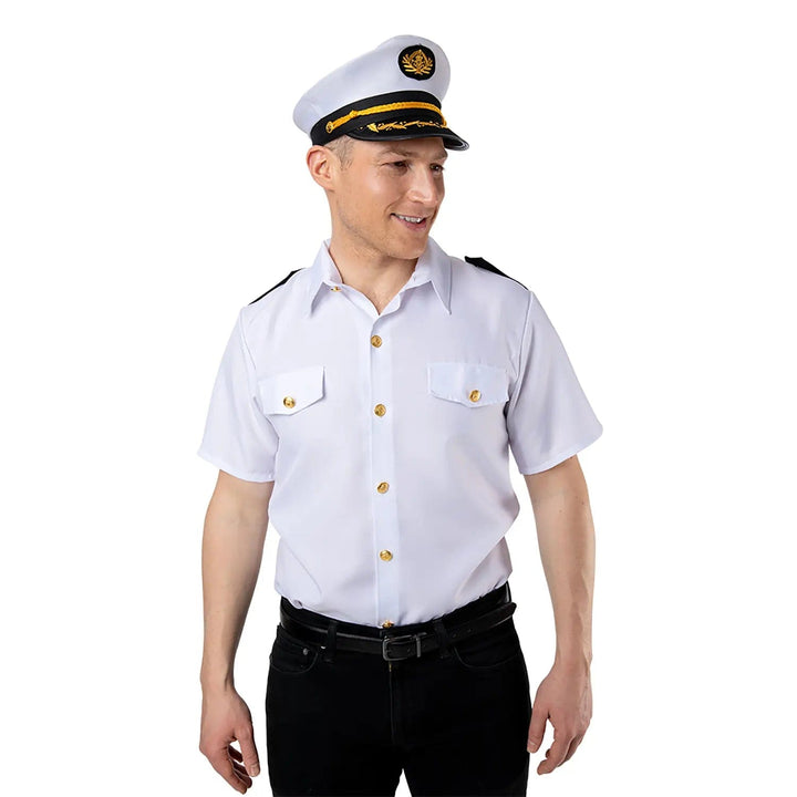 Man wearing a ship's captain fancy dress shirt and peaked cap