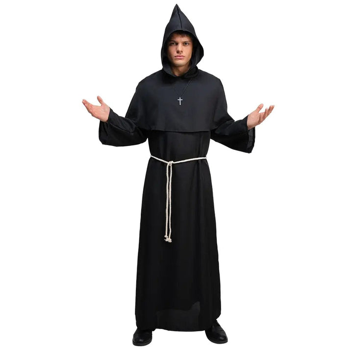 Man wearing a black monk's robe with hood, crucifix and rope belt for fancy dress parties