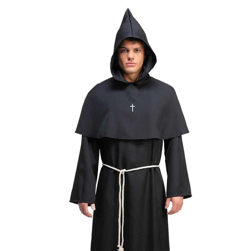 Man wearing a black monk's robe with hood, cross necklace and rope belt for fancy dress parties