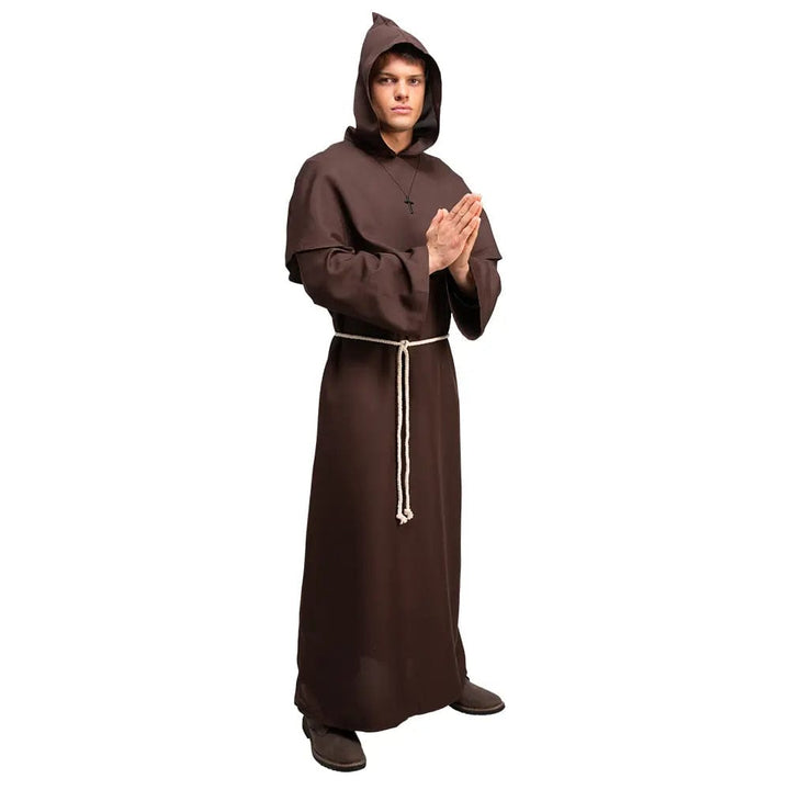 Man wearing a brown monk's robe with hood, crucifix and rope belt for fancy dress parties