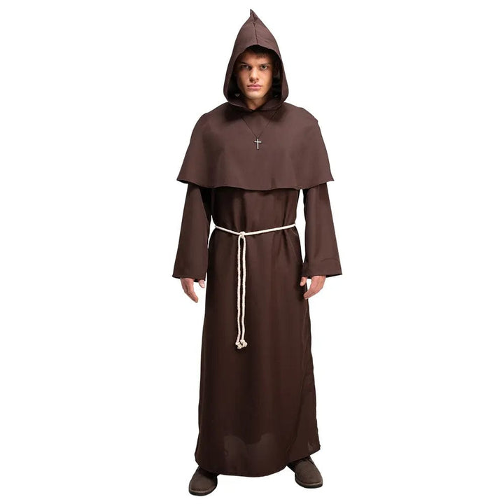 Man wearing a brown monk's robe with hood, crucifix and rope belt for fancy dress parties