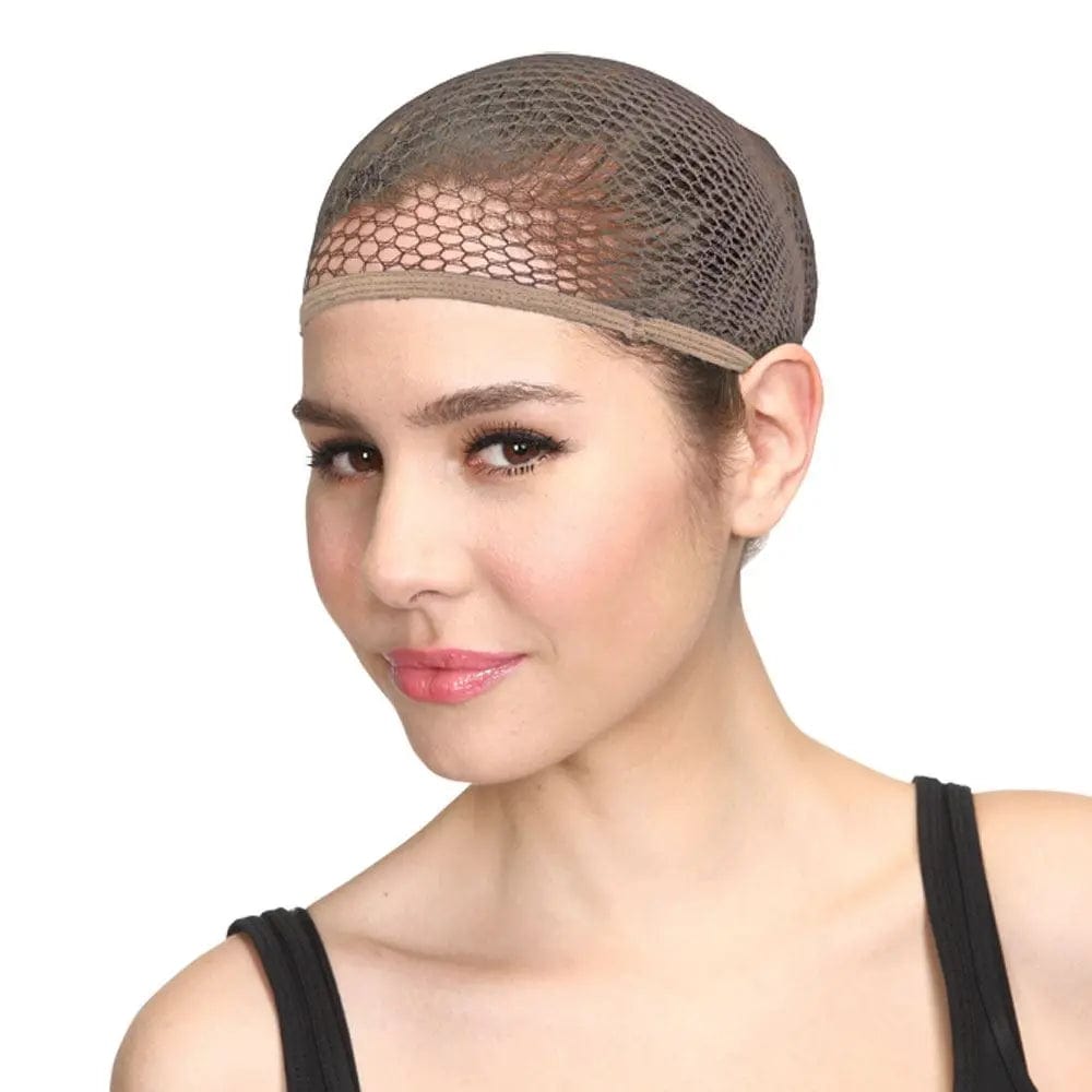 Woman wearing a natural colour mesh wig cap hair net to keep hair in place while wearing a fancy dress wig