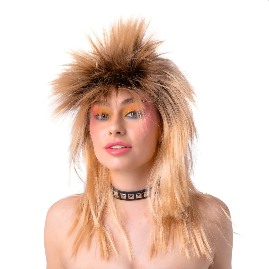 lady wearing a big spiky blonde glam rocker wig for 1980s fancy dress costumes