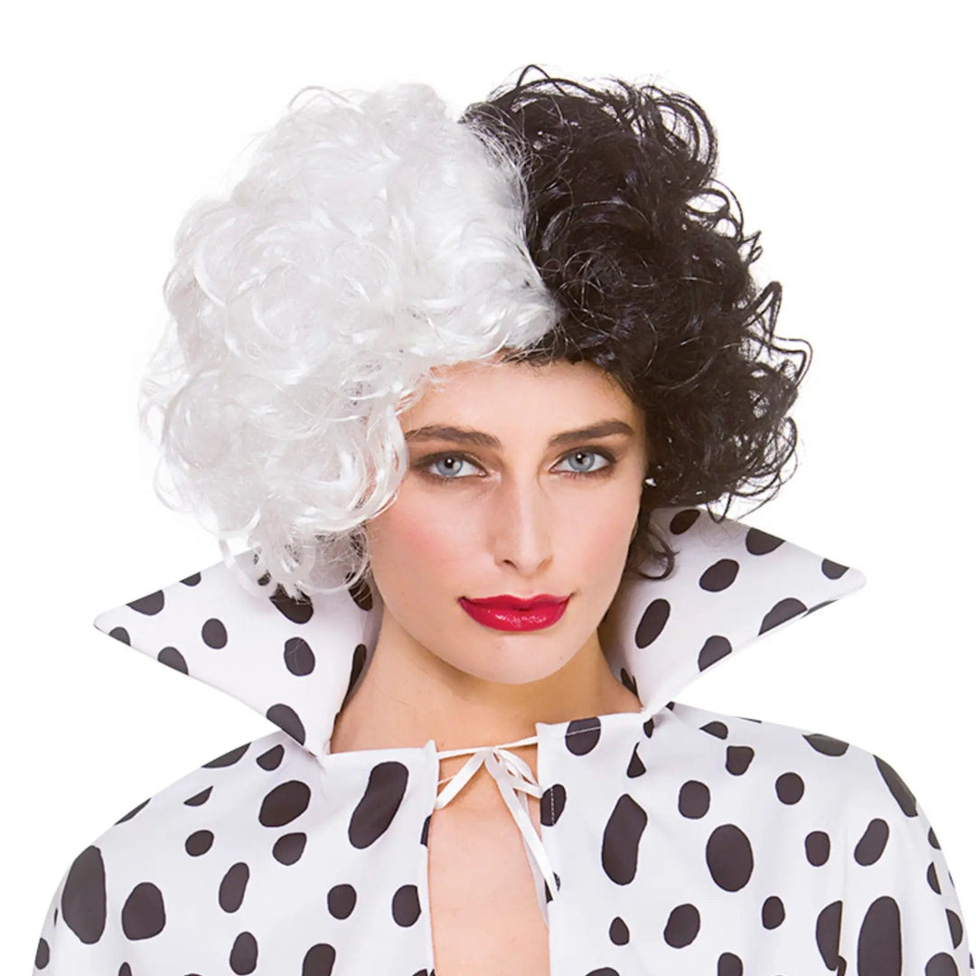 Lady wearing a curly hair wig with one half white and the other black for fancy dress Halloween costumes