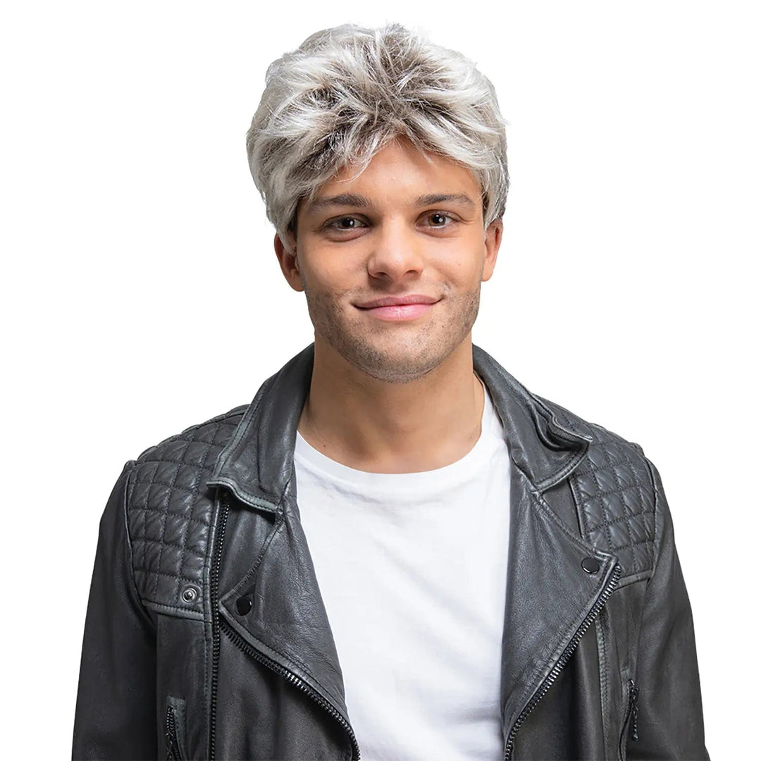 Young man wearing a leather jacket and a dirty blonde wig for George Michael fancy dress costumes