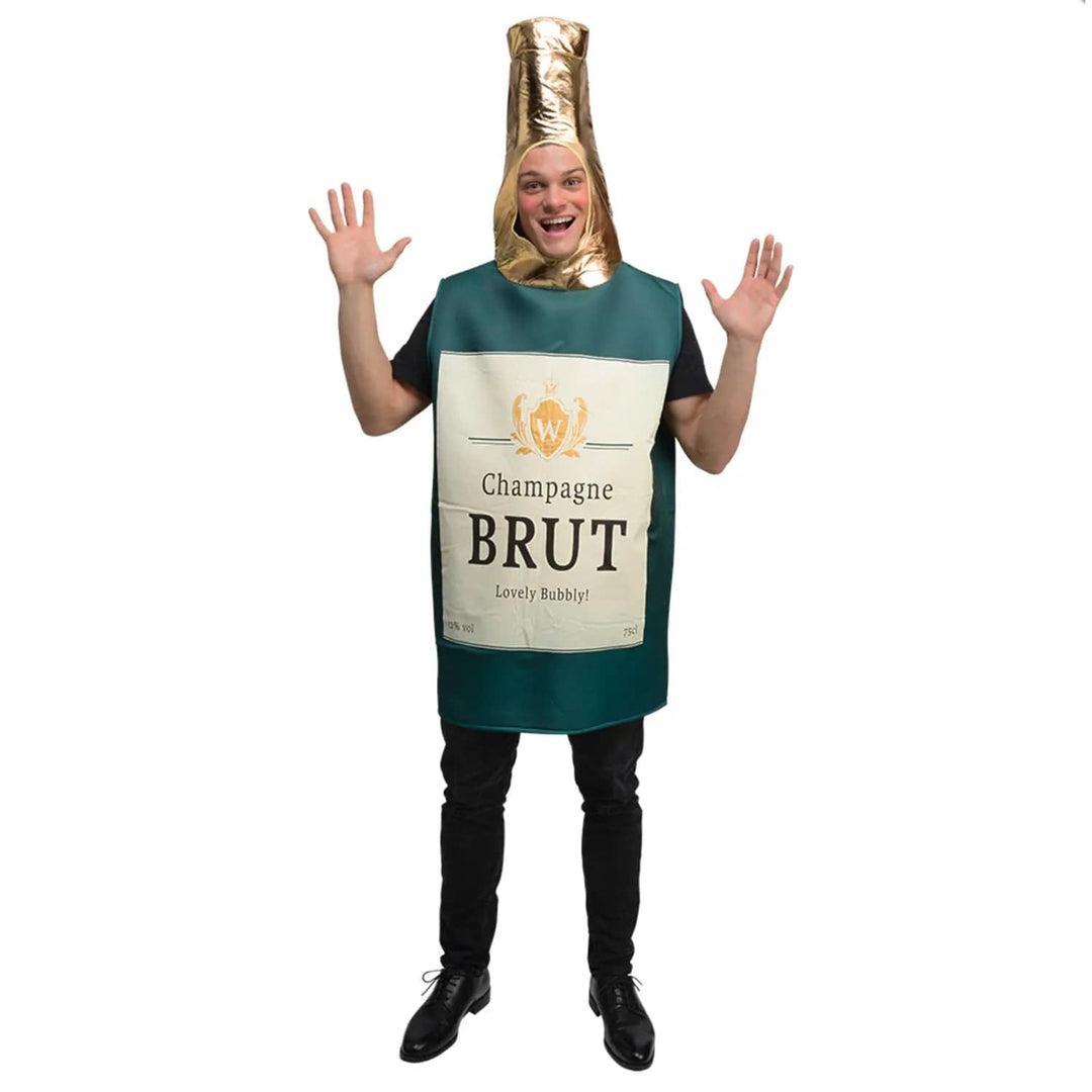 Man wearing a Champagne Bottle fancy dress costume with gold bottle cork hood