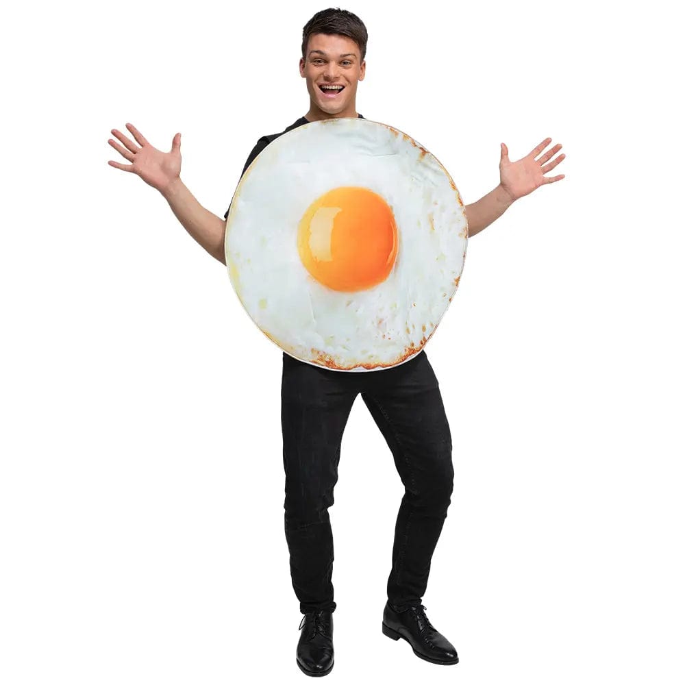 Young man wearing a fried egg design fancy dress costume for Halloween and food theme parties