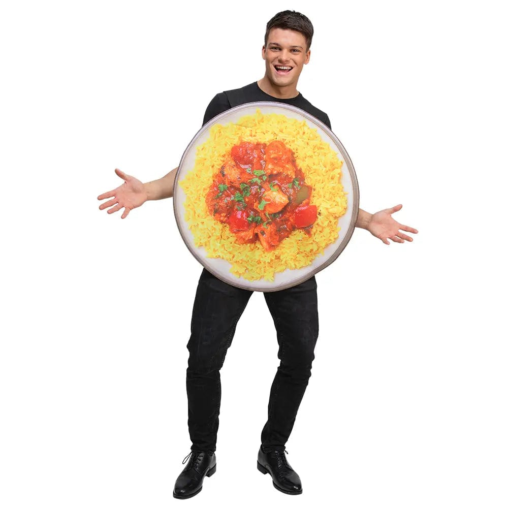 Young man wearing a plate of Tikka Masala with rice costume for fancy dress food theme parties