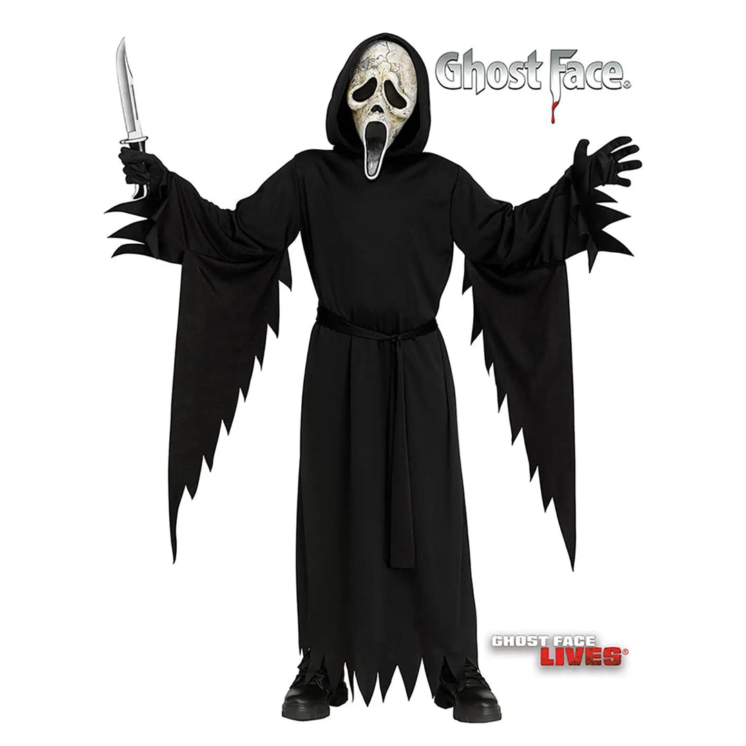 Child wearing a Ghost Face costume with long black hooded robe, mask, belt and gloves for Halloween fancy dress parties