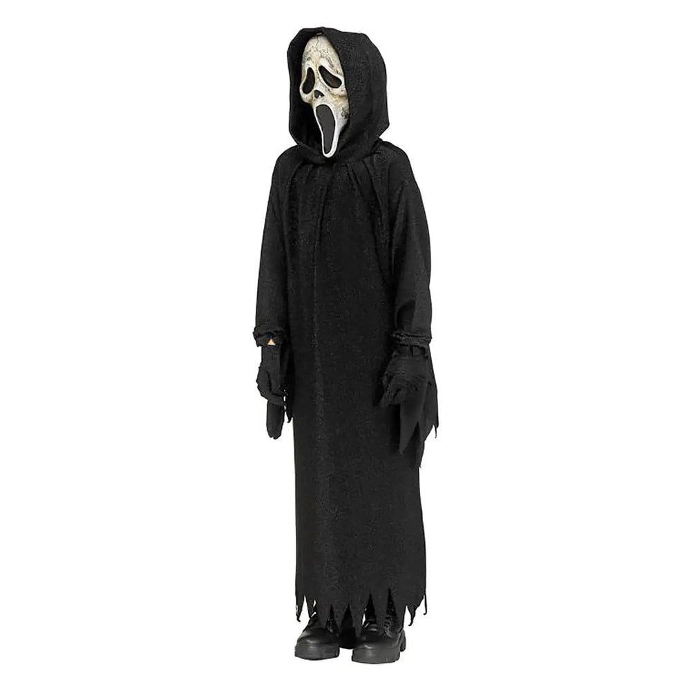 Child wearing a Scream Ghost Face fancy dress costume with mask for Halloween