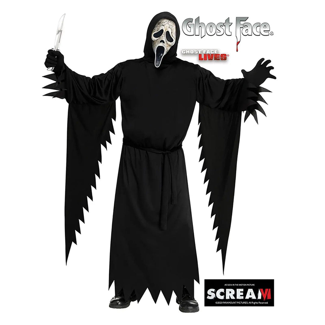 Adult dressed up as Ghost Face from Scream, with black hoded robe, weathered face mask and black gloves for halloween parties