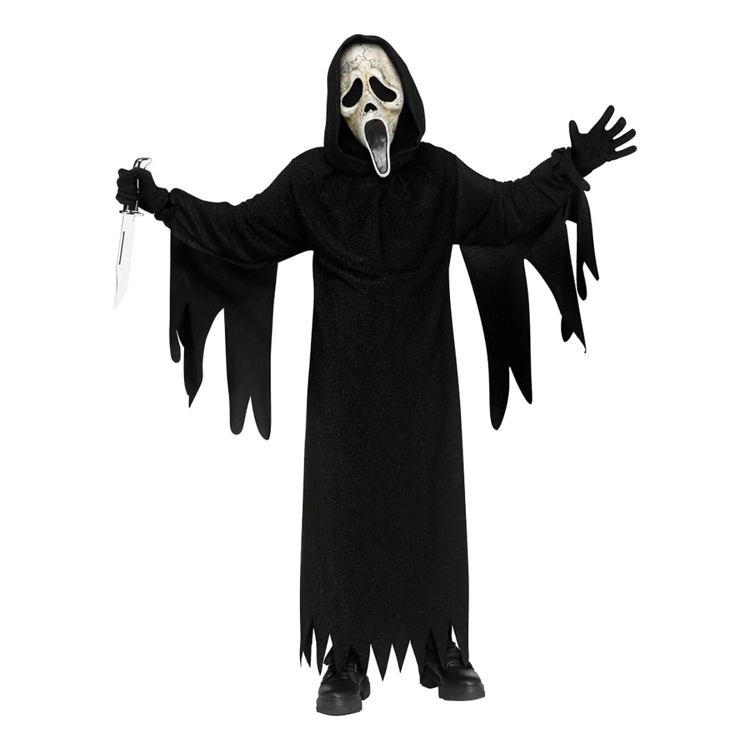 Childs deluxe Ghost Face fancy dress costume with age effect mask, black hooded robe with jagged edge