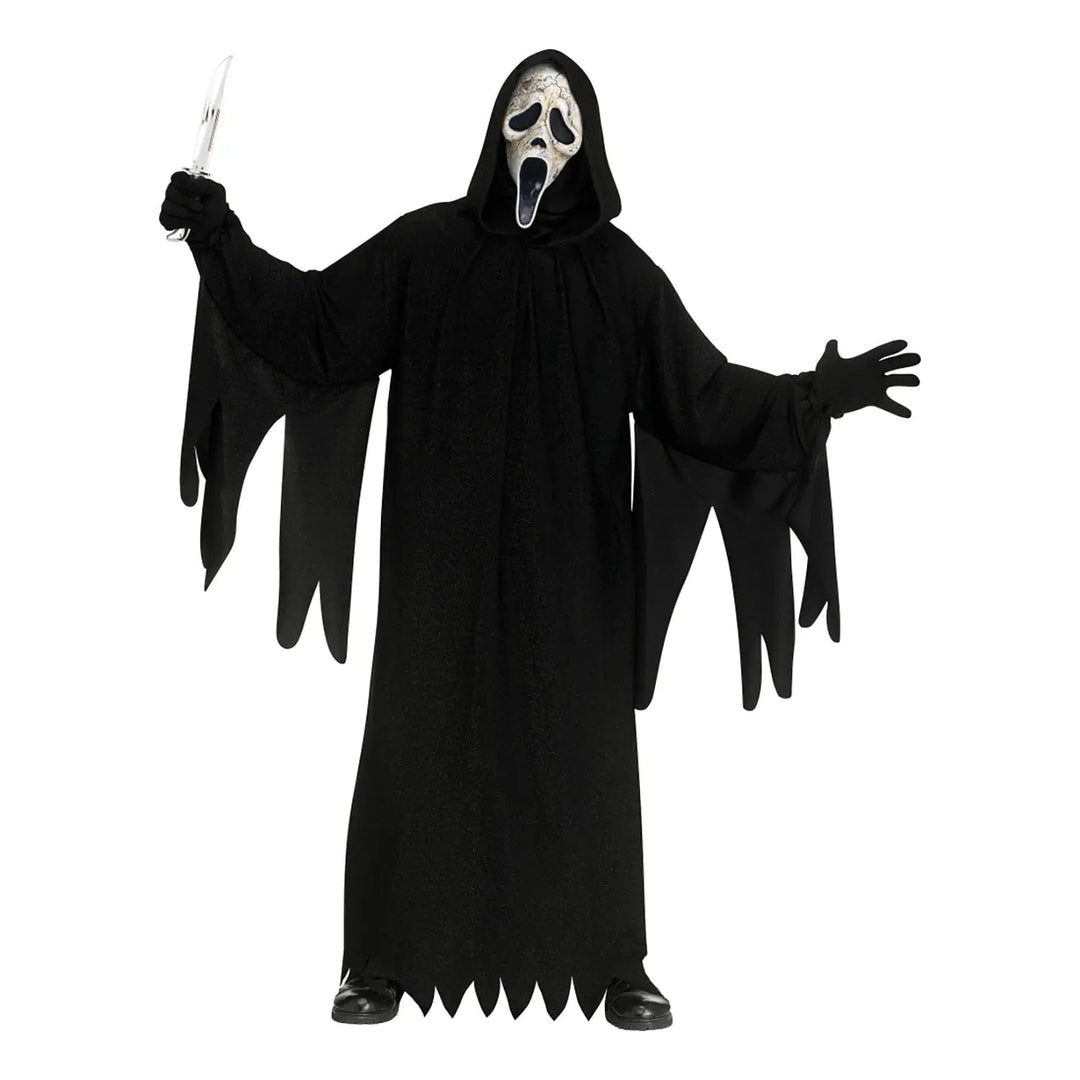 Adults Ghost Face halloween fancy dress costume with aged mask and long black hooded robe with jagged edges