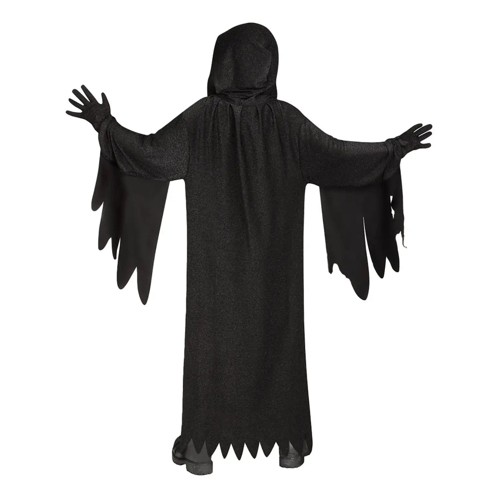 Back view of a child wearing a black spakling hooded robe with jagged edge sleeve and black gloves