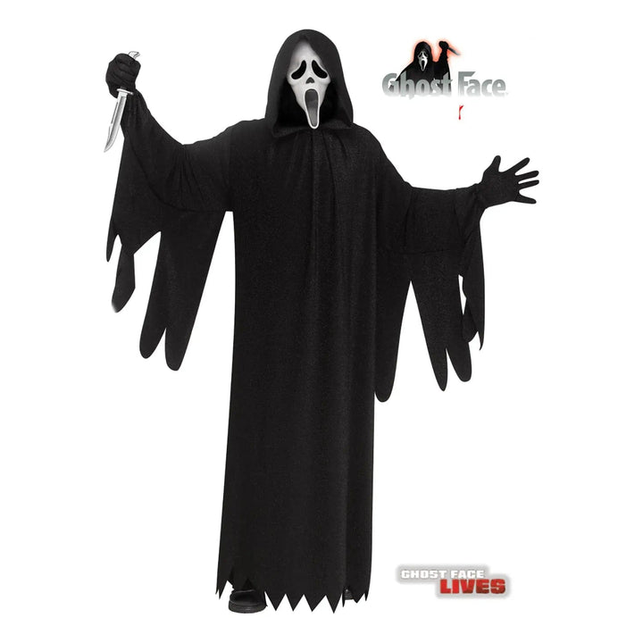 Adult wearing a Ghost Face Lives Halloween fancy dress costume with black hooded robe, jagged sleeves and black gloves