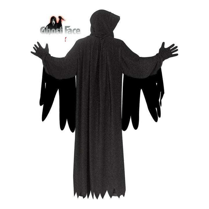 Back view of a long black sparkling hooded robe with jagged edge sleeves for fancy dress costumes