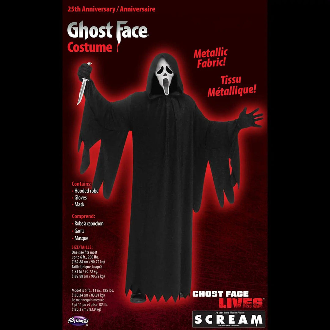 Red and black packaging insert for adults Ghost Face costume with Metallic fabric