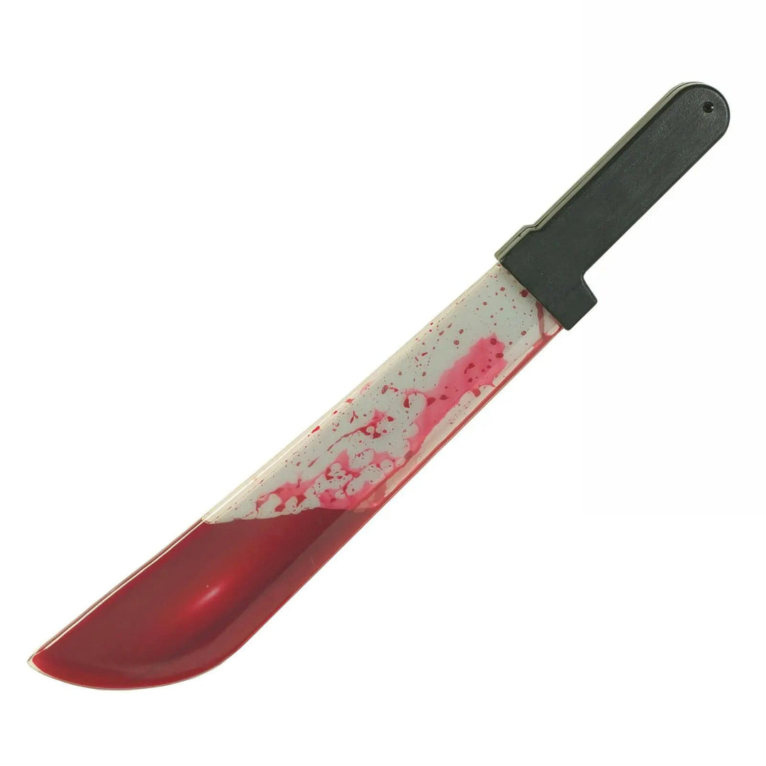 Large plastic machete with fake blood, ideal Halloween fancy dress prop