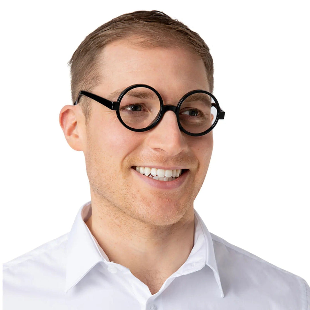 Male wearing a pair of black circle framed glasses for fancy dress funny wizard costumes