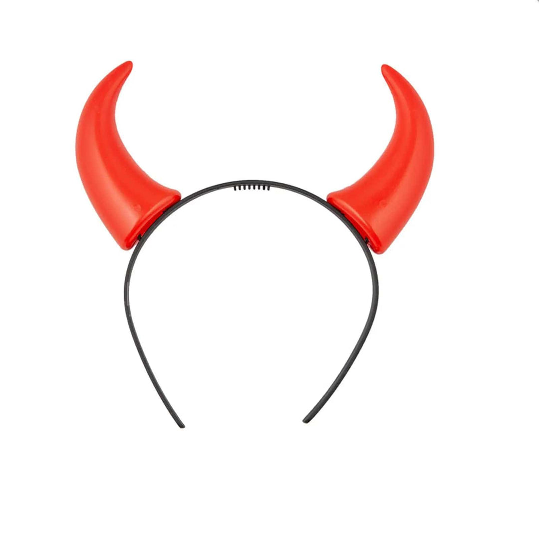 Black headband with a pair of red plastic devil horns for fancy dress costumes