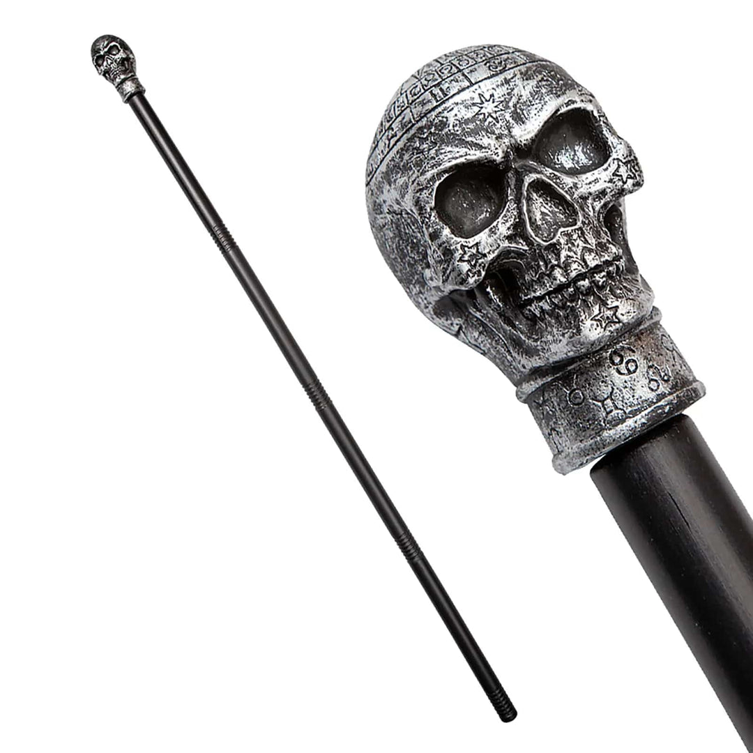 Long black cane with silver and black skull top for Vampire fancy dress costumes