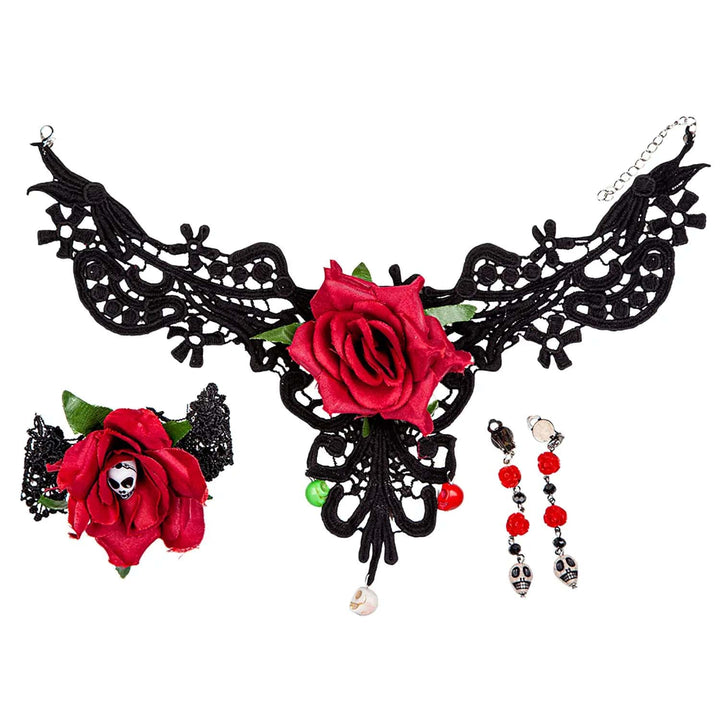 Black lace neck choker with red rose and skeletons, earrings and red rose corsage for Day of the Dead costumes