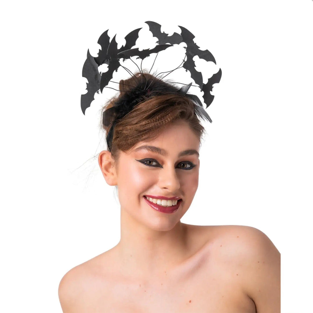 Lady wearing a black feather headband with 10 black bats for Halloween parties