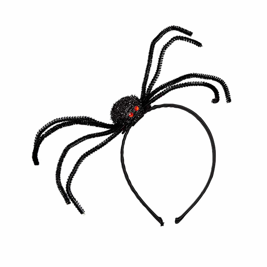 Black headband with large glitter spider that has red jewel eyes and pipe cleaner legs to pose for Halloween parties