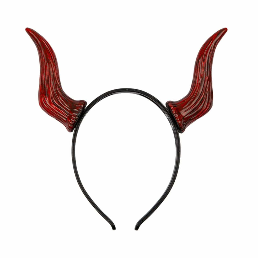 Black headband with dark red textured devil horns for Halloween fancy dress costumes