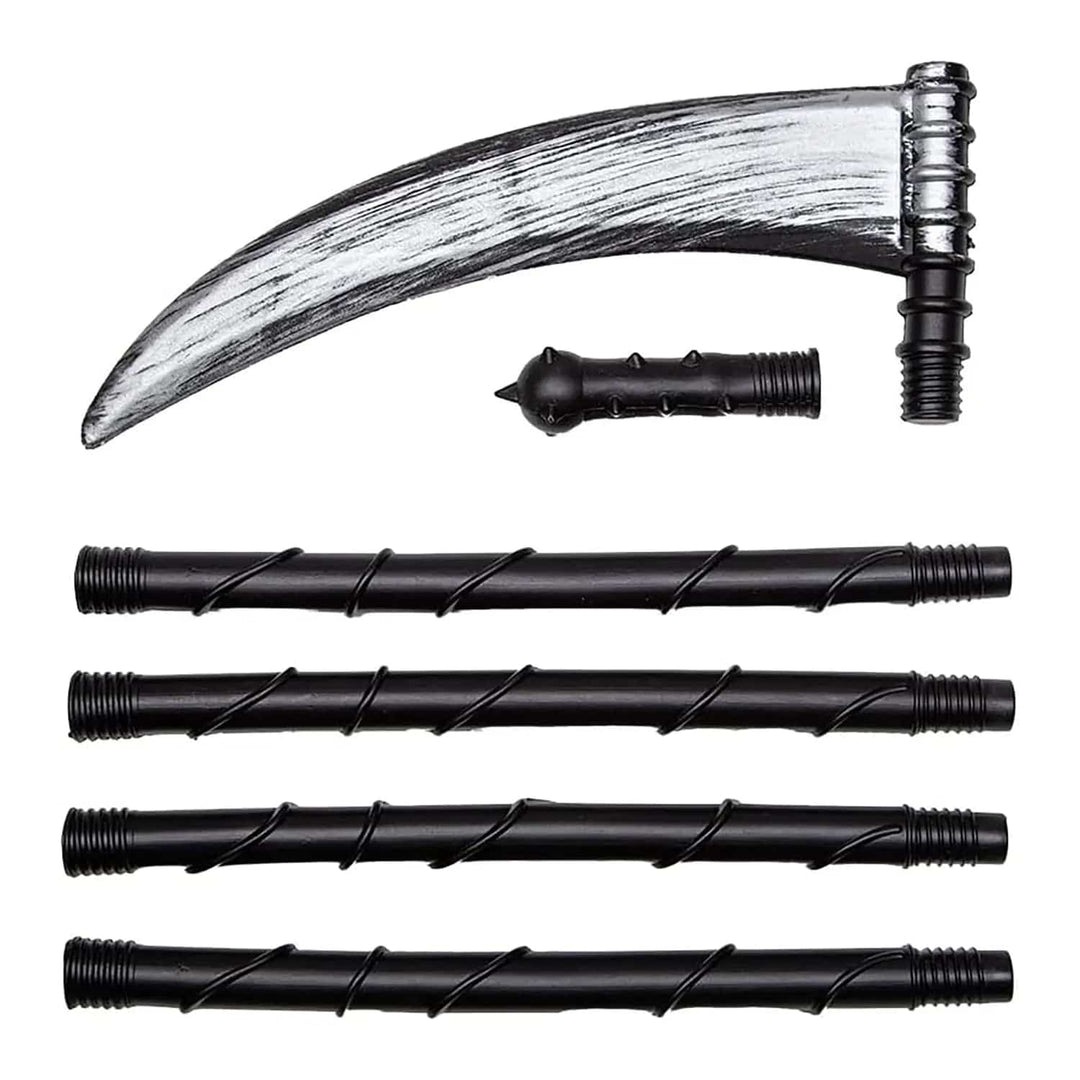 6 pieces of a black plastic scythe accessory for grim repear fancy dress costumes