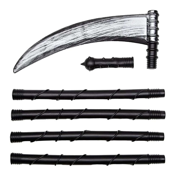 6 pieces of a black plastic scythe accessory for grim repear fancy dress costumes