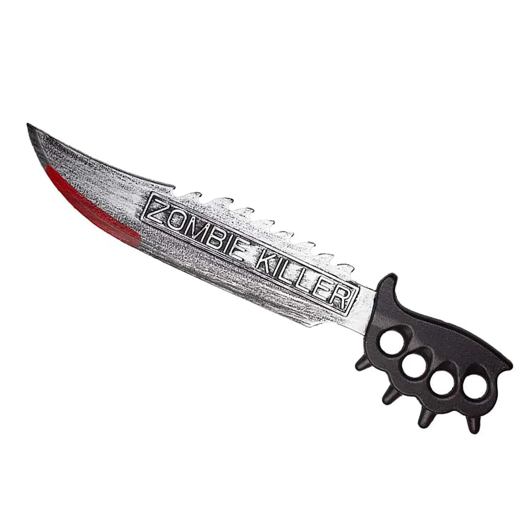 Zombie Killer plastic knife with knuckleduster handle and serrated bloodied blade