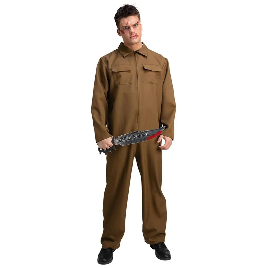 Man dressed in a brown boiler suit, holding a Zombie killer plastic knife for Halloween parties