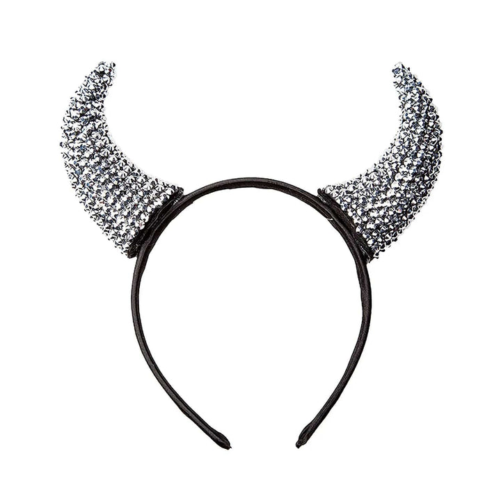 Silver rhinestones devils horns on a black headband for fancy dress costumes