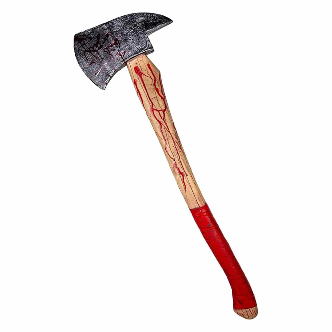 Large fake wood cutting axe with blood spatter for fancy dress costumes