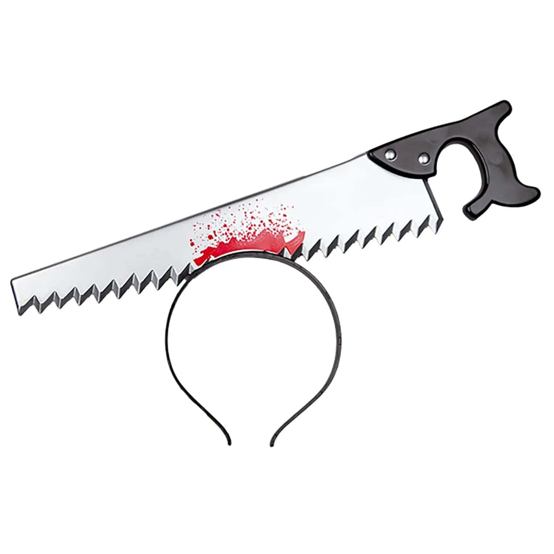 Bloody saw plastic prop on a black headband for Halloween and zombie fancy dress costumes