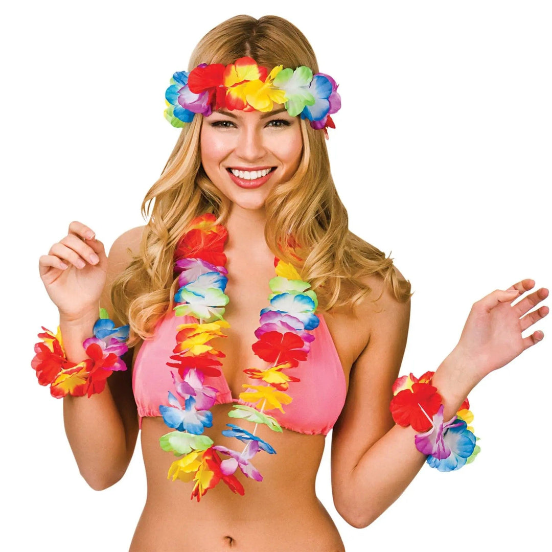 Lady wearing a colourful flower lei garland, headdress and wrist cuffs for Hawaiian theme parties