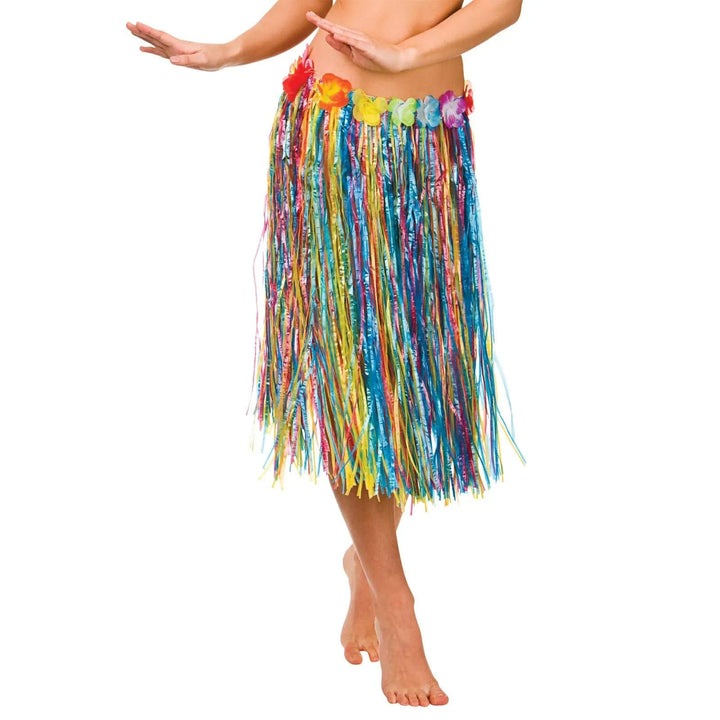 Lady wearing a multicoloured Hawaiian hula skirt with flower waist band