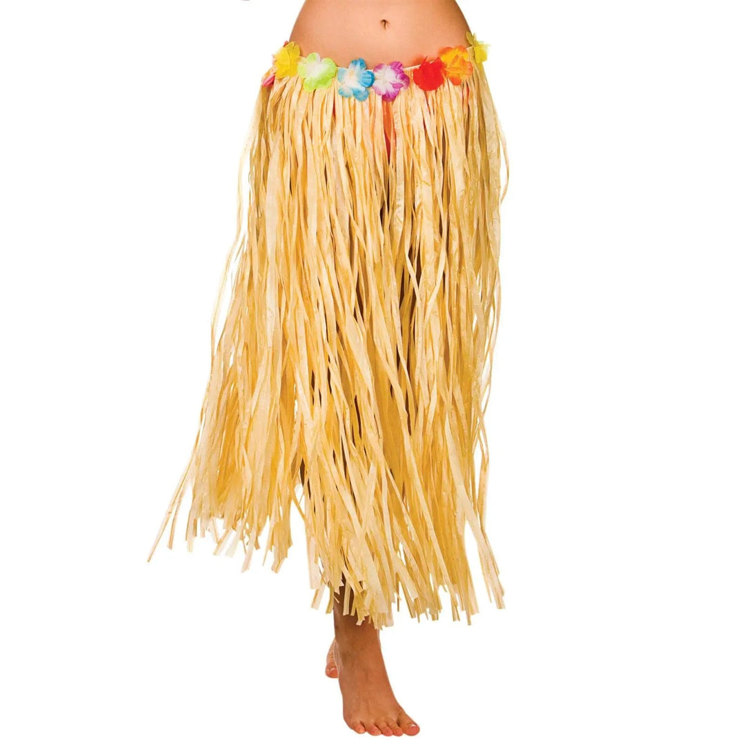 Natural colour raffia hula skirt with flower waistband for Hawaiian fancy dress costumes