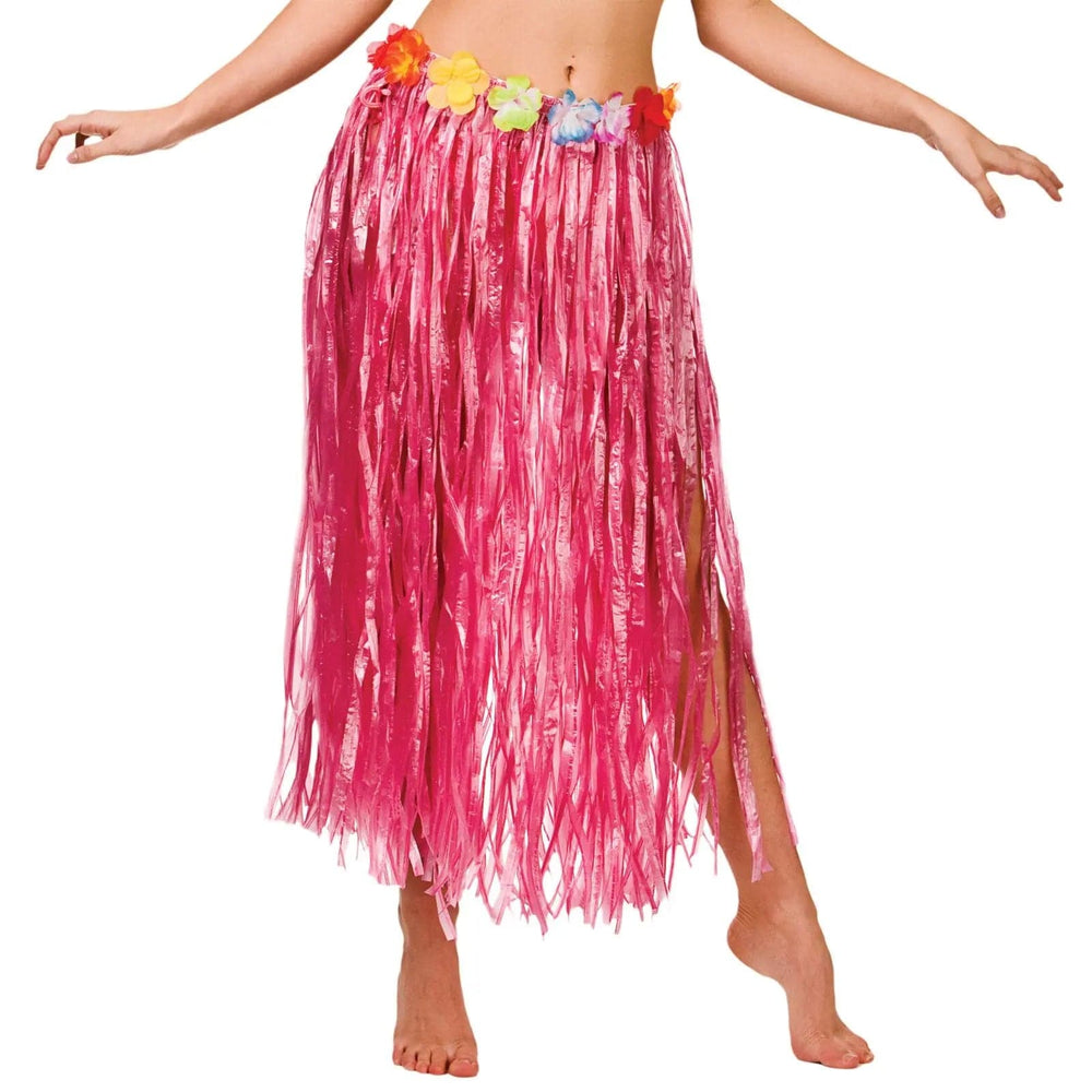 Bright pink raffia hula skirt with flower waistband for Hawaiian fancy dress costumes