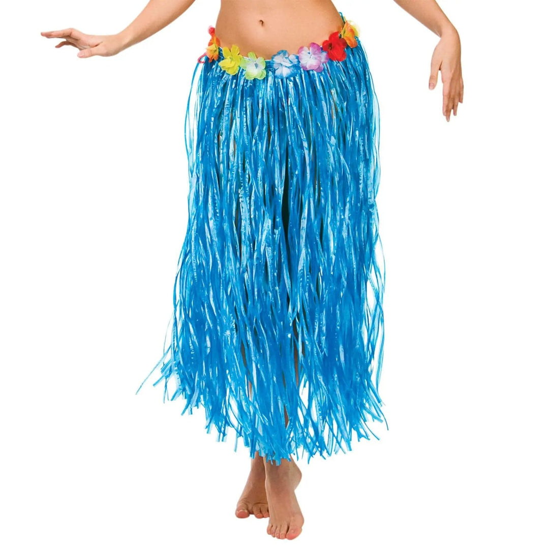 Sea blue raffia hula skirt with flower waistband for Hawaiian fancy dress costumes