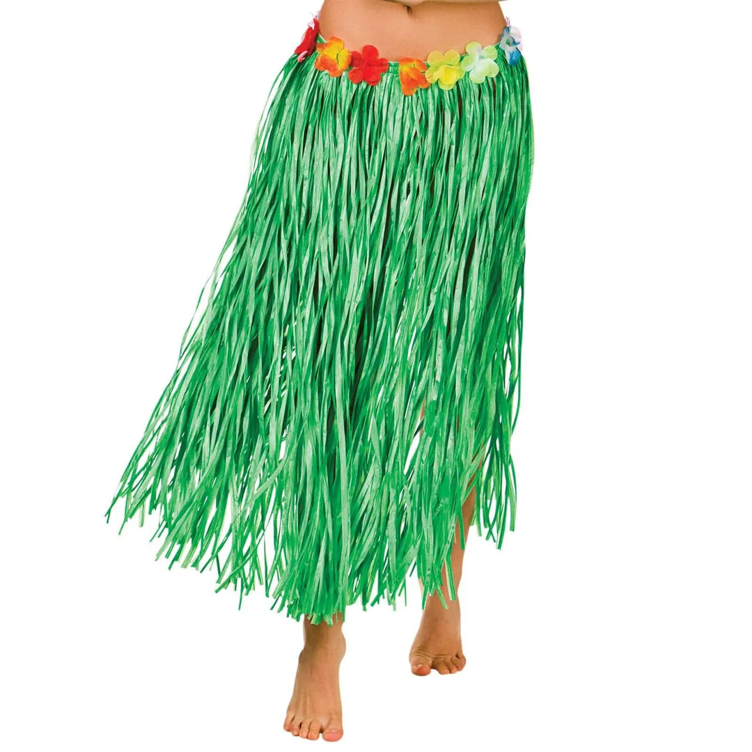 Bright green raffia hula skirt with flower waistband for Hawaiian fancy dress costumes