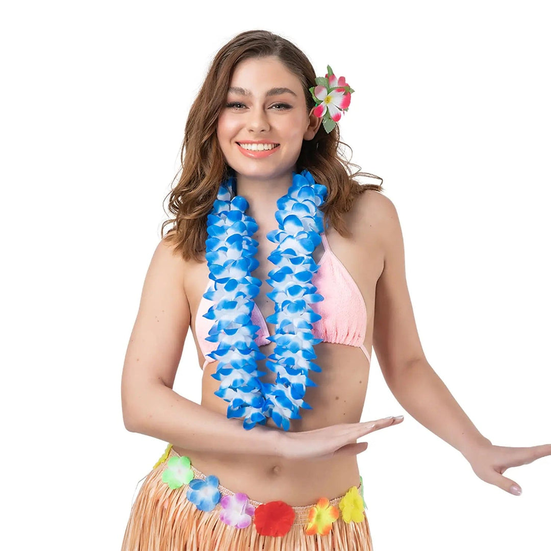 Woman wearing a blue and white petal  orchid lei, flower necklace for Hawaiian beach parties and fancy dress