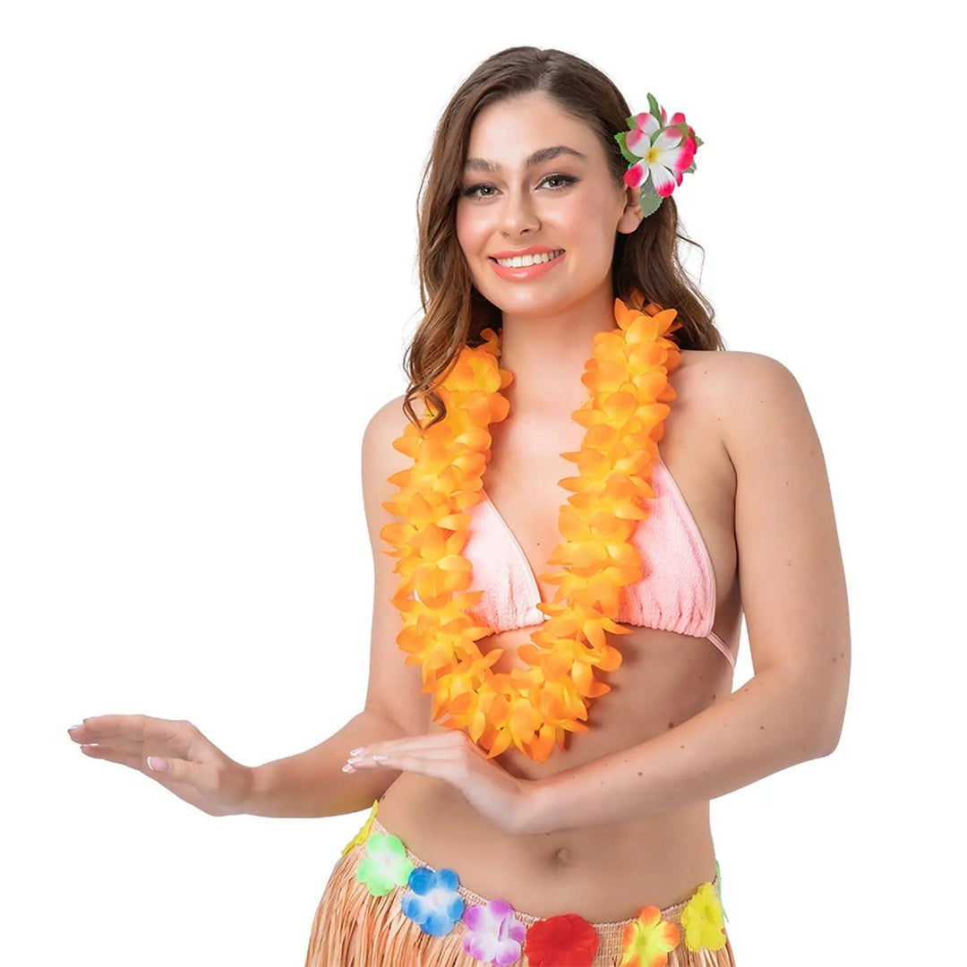 Lady wearing a two tone orange petal orchid lei, flower necklace for Hawaiian beach parties and fancy dress