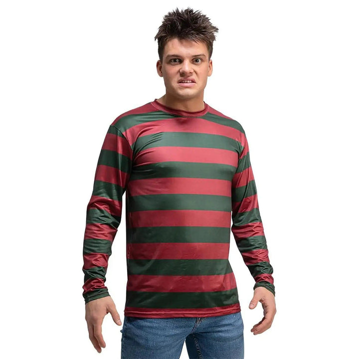 Man wearing a red and dark green striped long sleeve top for Freddy Krueger fancy dress costume