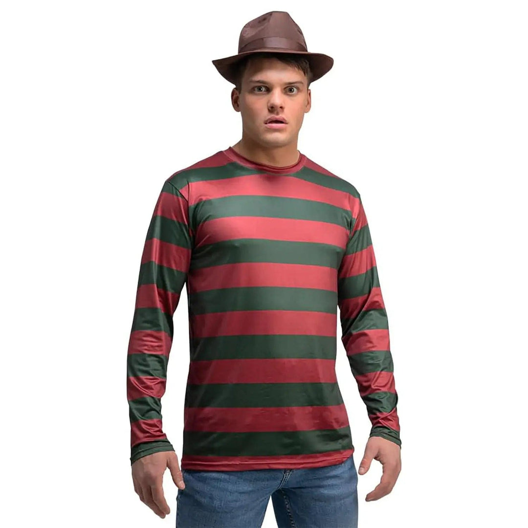 Man dressed as Freddy Krueger from Friday 13th horror movie, in a red and dark green striped shirt and brown fedora hat