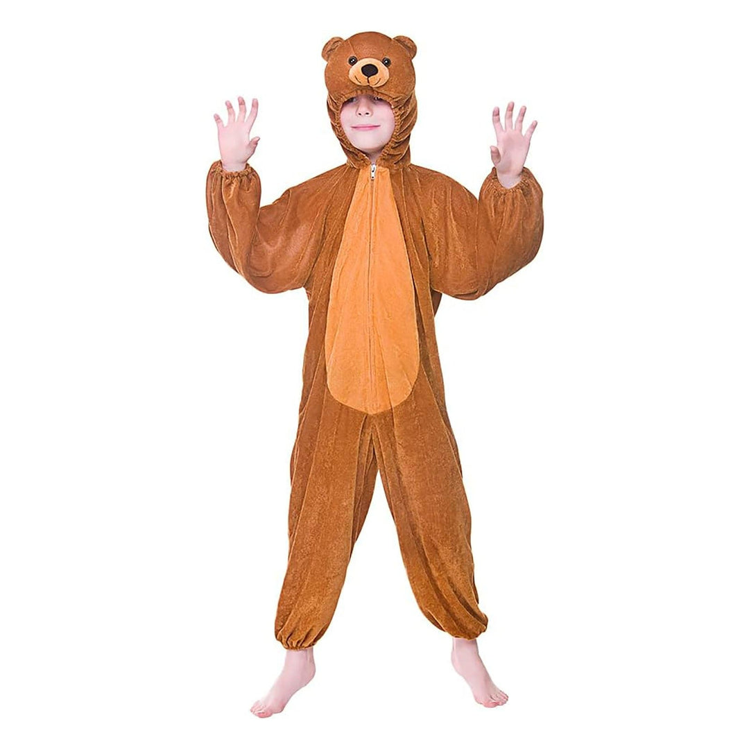 Child wearing a brown bear fancy dress ocstume with 3D animal hood and zipped front