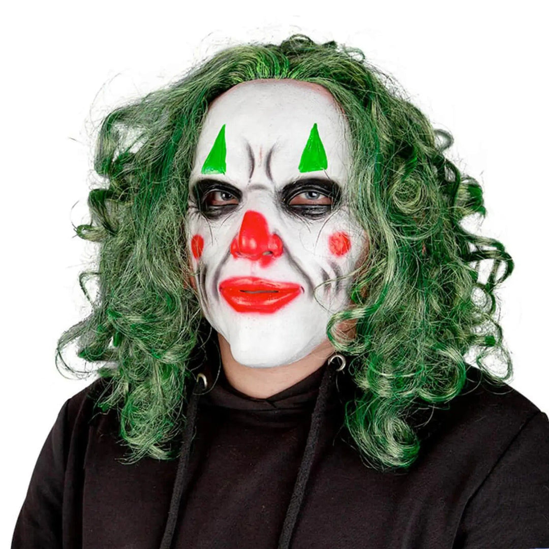 Psycho clown latex mask with messy green hair and white face